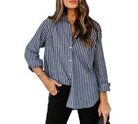 Paintcolors Women's Stripes Button Down Shirts Roll-up Sleeve Tops V Neck Collared Casual Work Blouses Tunics with Pockets, S_deep Gray01, Large