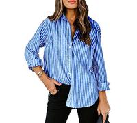 Paintcolors Women's Stripes Button Down Shirts Roll-up Sleeve Tops V Neck Collared Casual Work Blouses Tunics with Pockets, S_blue01, Medium