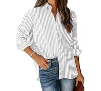 Paintcolors Women's Stripes Button Down Shirts Roll-up Sleeve Tops V Neck Collared Casual Work Blouses Tunics with Pockets, S_black-white01, Medium