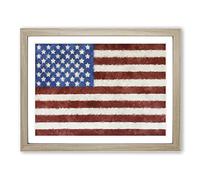 Painted American Flag Painting Modern Art Framed Wall Art Print, Ready to Hang Picture for Living Room Bedroom Home Office Décor, Oak A2 (64 x 46 cm)