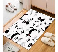 Painted Animal Cat Area Rug 60x90cm Washable Living Room Rug Non-slip Soft Carpet Short Pile Faux Wool Modern Cat Paw Prints Fish Bones Art Floor Mats for Bedroom Home Office Kitchen Decor