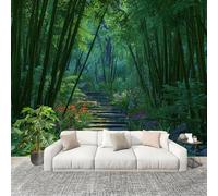 Painted Bamboo Jungle Stone Steps Mural Wallpaper for Living Room TV Backdrop Office Hotel Wall Decoration Poster Green Wall Panoramic Mural Non-Woven Photo Wallpaper 400x280cm