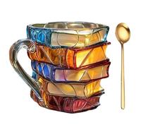 Painted Book Mug, 2025 New 3D Painted Glass Book Mug,Unique Books Stack Coffee Cup,Desk Accessories Décor,for Hot Or Cold Brews,for Readers Librarians Writers