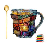 Painted Book Mug, 2025 Novelty 3D Painted Book Coffee Mug, Unique Design Library Coffee Mugs, Books Stack Shaped Cup, Cute Tumblers Readers Writers Librarian Gifts Women (#A 2 (with Spoon))