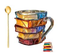 Painted Book Mug, 2025 Novelty 3D Painted Book Coffee Mug, Unique Design Library Coffee Mugs, Books Stack Shaped Cup, Cute Tumblers Readers Writers Librarian Gifts Women (#A 1 (with Spoon))