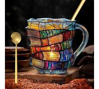 Painted Book Mug, Funny Novelty Reading Coffee Cup with Charming Book-Themed Designs,Novelty 3D Painted Books Coffee Mug,with Spoon,Glass Stack Shaped Mark Cup for Literature Lover (B)