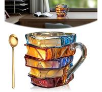 Painted Book Mug, Funny Novelty Reading Coffee Cup with Charming Book-Themed Designs,with Spoon,Novelty 3D Painted Books Coffee Mug,Glass Stack Shaped Mark Cup for Literature Lover (A)
