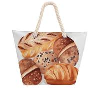 Painted Bread Large Tote Bag for Women, Waterproof Durable Beach Bag with Hemp Rope Handle, Multifunctional Hemp Rope Shopping Bag for Beach Park Travel Work Daily Use