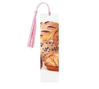 Painted Bread Wooden Bookmarks 5pcs with Pink Tassels Handmade Double-Sided Printed Book Marks Page Markers Book Accessories Gift for Book Lovers Women Men
