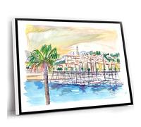 Painted Canvas Wall Art,Home Decor Bedroom,Menton Provence France Harbour Scene With Waterfront Wall Decoration Edition Fine Art Print Watercolor Prints,12x16 Inch UnFramed Wall Art