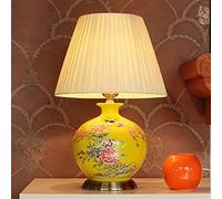 Painted Ceramic Table Lamp Chinese Style Flower and Bird Table Lamp Pleated Cloth Lampshade Living Room Bedroom Bedside Lamp Decoration (Color : Yellow)