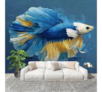 Painted Fighting Fish Pattern Mural Wallpaper for Living Room TV Backdrop Office Hotel Wall Decoration Poster Blue Wall Panoramic Mural Non-Woven Photo Wallpaper 200x140cm
