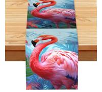 Painted Flamingo Linen Table Runner Wrinkle Free Farmhouse Dining Tables Runners, Burlap Kitchen Tablecloths 13" X 72" Decorative Table Cover for Party Coffee Holiday Decor