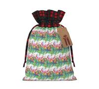 Painted Flamingo Printing Color Matching Plaid Drawstring Christmas Bag With Kraft Tag 4.7x6.9 In For Halloween