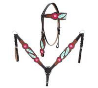 Painted Floral Tooled Headstall Breast Collar & Reins Genuine Leather Tack Set for Western Horse Saddle ST-033 (Full)