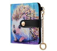 Painted Hedgehog Blue Pattern Small Women Wallet RFID Blocking Bifold PU Leather Compact Card Holder with Coin Pocket Zipper Purse for Girls Women Ladies