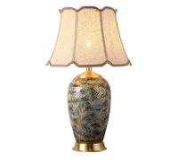Painted Leaves Ceramic Table Lamp Bedroom Rustic Bedside Lamp with Beige Fabric Shade for Living Room Kids Room Study Room (Green)/36 * 56Cm