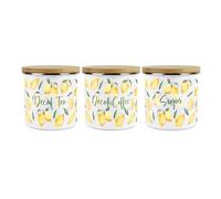 Painted Lemons Decaf Tea, Decaf Coffee & Sugar Kitchen Canister Set - Summery Metal Enamel Hot Drinks Storage Containers Gift Set of 3