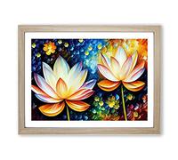 Painted Lotus Flowers Abstract Framed Print | A4 Oak Framed Wall Art | Ready to Hang | Abstract Floral Picture | Living Room Bedroom Lounge Office