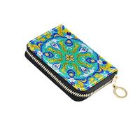 Painted Ornate Teal Blue Yellow Wallet Womens Small Credit Card Holder RFID Blocking Leather Zipper Card and Cash Holder