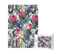 Painted Protea Pattern On White Background 300 Pices Wooden Jigsaw Puzzle for Adult Family Fun