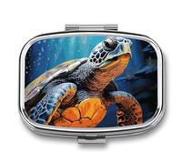 Painted Sea Turtle Pill Box 2 Compartment, Portable Pill Case with Mirror for Pocket Purse Travel, Mini Metal Medicine Organizer for Vitamins Fish Oil