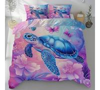 Painted Sea Turtle With Butterfly Double Duvet Set Reversible Purple Floral Butterfly Bedding Set with 2 Pillowcases Soft Hypoallergenic Non Iron Duvet Cover 200x200cm With Zipper Closure