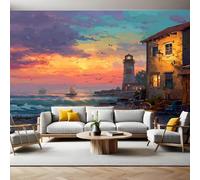 Painted Style Photo Wallpaper Seaside Town and Lighthouse Wall Mural Non-Woven Art Print 250 x 180cm Wallpaper Mural Photo Kids Bedroom Office Living Room Home Poster Decoration