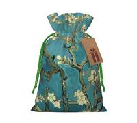 (Painting Almond Blossoms) Printed Christmas M Size Gift Bags with Green Ribbon Drawstring Candy Bags for Kids Xmas Holiday Christmas Eve Presents