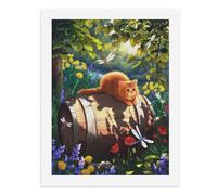 Painting by Number Kits - 40x30cm ，DIY Canvas Oil Painting Kit for Adults，A Cute Orange Kitten Lounging on an Old Wooden Barrel Amidst Vibrant Flowers.