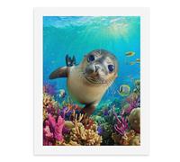 Painting by Number Kits - 40x30cm ，DIY Canvas Oil Painting Kit for Adults，A Cute Seal Swimming Among Colorful Coral Reefs.