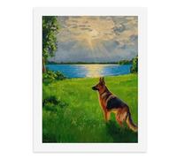 Painting by Number Kits - 40x30cm ，DIY Canvas Oil Painting Kit for Adults，A German Shepherd Dog Stands in A Lush Green Field, Gazing Towards The Tranquil Lake.