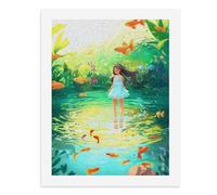 Painting by Number Kits - 40x30cm ，DIY Canvas Oil Painting Kit for Adults，A Girl in A Blue Dress Standing in A Pond Surrounded by Colorful Fish.