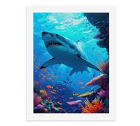 Painting by Number Kits - 40x30cm ，DIY Canvas Oil Painting Kit for Adults，A Great White Shark Swims Amidst Vibrant Coral Reefs.