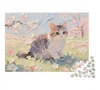 Painting Cat Spring 1000 Piece Puzzle for Adults Pastel-style Cat Sitting in Flower Field Premium Sturdy Vibrant Challenging Stress Relief Family Game Decor 38x26cm/1000pcs