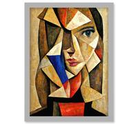 Painting Cubism Style Portrait Of Young Woman Beige And Brown Artwork Framed Wall Art Print A4 Artery8 Light Grey One Size
