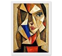 Painting Cubism Style Portrait Of Young Woman Beige And Brown Artwork Framed Wall Art Print A4 Artery8 White One Size