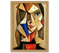 Painting Cubism Style Portrait Of Young Woman Beige And Brown Artwork Framed Wall Art Print A4 Artery8 Light Oak One Size