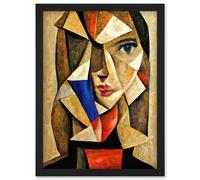 Painting Cubism Style Portrait Of Young Woman Beige And Brown Artwork Framed Wall Art Print A4 Artery8 Black One Size