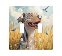 Painting Fall Catahoula Leopards Dog Decorative Switch Cover 2 Gang Double Toggle, Autumn Wheat Wall Plate Cover, Standard Size, Pet Electrical Faceplate for Bedroom Living Room Decor