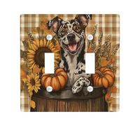 Painting Fall Catahoula Leopards Dog Decorative Switch Cover Plate 2 Gang Double Toggle, Autumn Plaid Pet Electrical Faceplate for Bedroom Bathroom Decor, Puppy Standard Size Switchplate