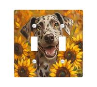Painting Fall Catahoula Leopards Dog Decorative Switch Cover Plate 2 Gang Double Toggle, Autumn Sunflower Electrical Faceplate for Bedroom Bathroom Decor, Pet Standard Size Switchplate