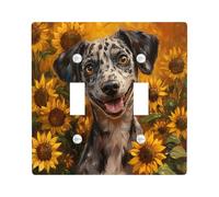 Painting Fall Catahoula Leopards Dog Switch Cover Wall Plate 2 Gang Double Toggle, Autumn Sunflower Electrical Faceplate for Bedroom Bathroom Decor, Pet Standard Size Switchplate