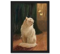 Painting Heyer White Cat And Two Butterflies Artwork Framed Wall Art Print A4 Artery8 Black One Size