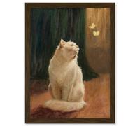 Painting Heyer White Cat And Two Butterflies Artwork Framed Wall Art Print A4 Artery8 Brown One Size