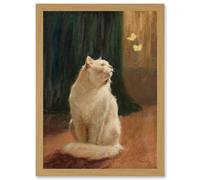 Painting Heyer White Cat And Two Butterflies Artwork Framed Wall Art Print A4 Artery8 Light Oak One Size
