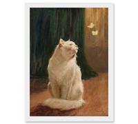 Painting Heyer White Cat And Two Butterflies Artwork Framed Wall Art Print A4 Artery8 White One Size