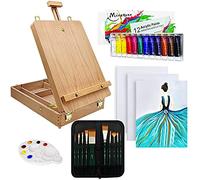 Painting Set with Easel, 27 Pieces, 12 Acrylic Paints, 10 Acrylic Brushes, Palette and 3 Canvas Panels, Art Supplies and Gifts for Artists, Crafters, Beginners, Children