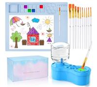 Painting Station, Silicone Painting Mat and Paint Brush Cleaner, 20"X16" Silicone Art Mat with 10 Paint Brushes, Paint Brush Rinser, Art Painting Supplies Set (Blue)