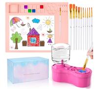 Painting Station, Silicone Painting Mat and Paint Brush Cleaner, 20"X16" Silicone Art Mat with 10 Paint Brushes, Paint Brush Rinser, Art Painting Supplies Set (Pink)